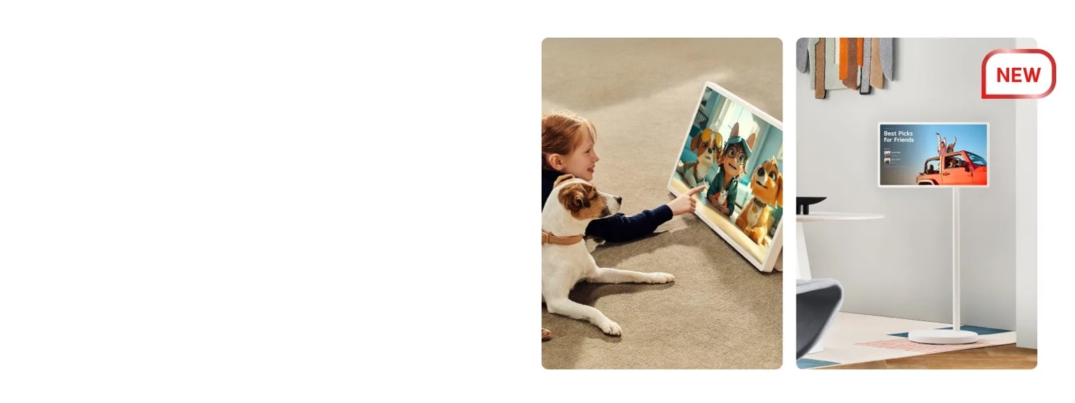 Various scenes showing a detached StanbyME screen with an interactive turntable, a child watching a video, and a front view and various app icons surrounding it. 