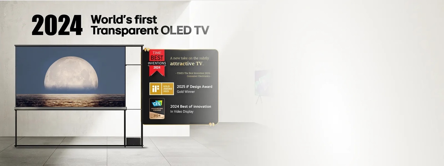 2024’s first Transparent OLED TV shows a moonrise; winner of TIME, iF, and CES awards for design and video display innovation.