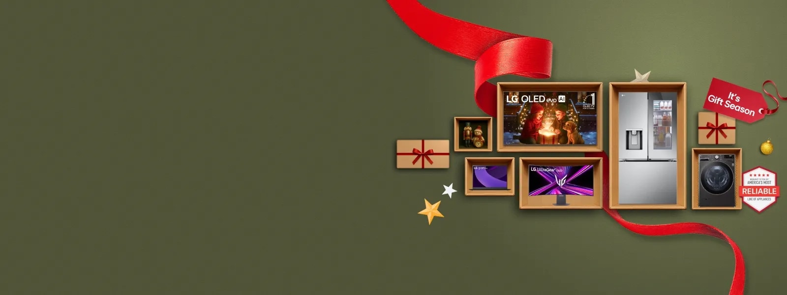 Various LG products in open boxes against a green background, including a monitor, TV, refrigerator, washer and laptop with a red "It's Gift Season"  gift tag and an America's Most Reliable Appliances badge.