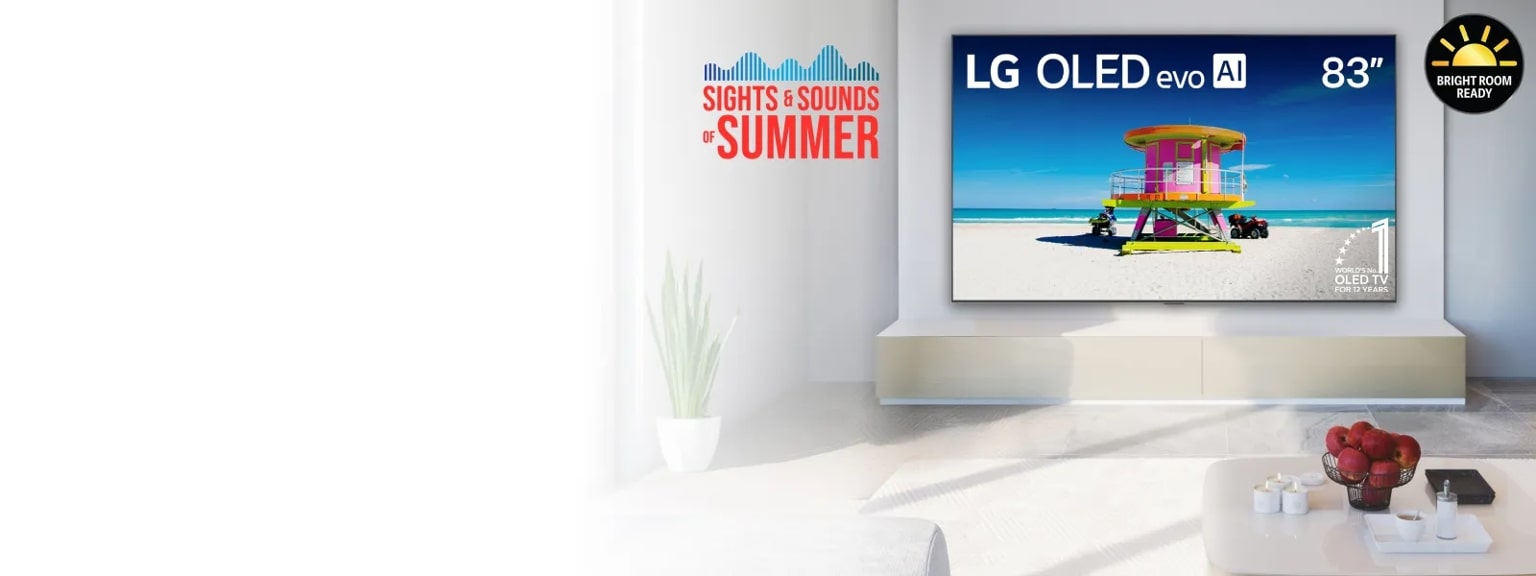 “Sights and sounds of summer” title badge. 83” OLED TV in a bright living room. “Bright Room Ready” badge.