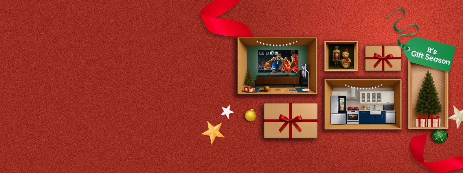 Holiday kitchen and living room scenes in open gift boxes against a red background with stars and ornaments and a green "It's Gift Season" gift tag.