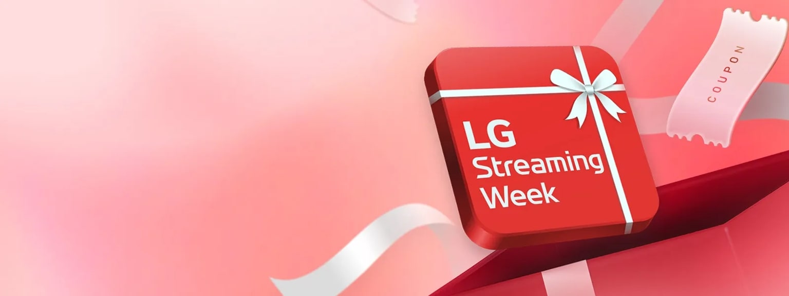 An LG Streaming Week promotion banner with a red gift box icon wrapped in a white ribbon and a floating coupon ticket on a pink gradient background.