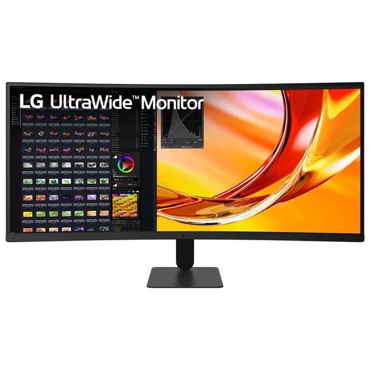 LG 34U601B-B 34-Inch UltraWide Monitor displaying photo editing software and vibrant orange graphics on curved screen - Front View