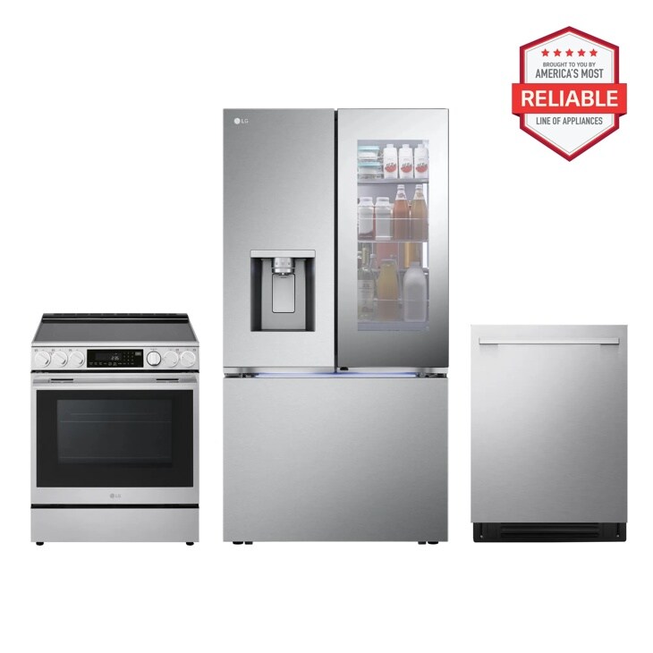 LG LRYKC2606S_LSEL6337XE_LDNTH753S Kitchen Package with oven, refrigerator, and dishwasher, Brought to you by America's Most Reliable Line of Appliances Front View