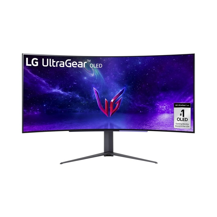 LG 45GR95QE-B UltraGear OLED Curved Gaming Monitor displaying cosmic purple background with UltraGear logo and #1 OLED Gaming Monitor Brand badge - Front View