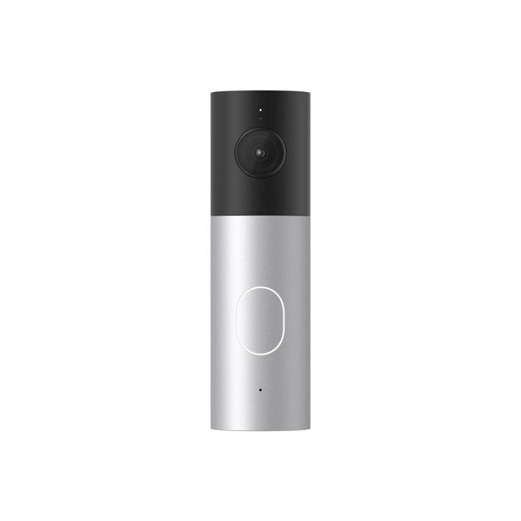 TWMB2W25S video doorbell with camera lens and doorbell button in silver and black finish - Front View
