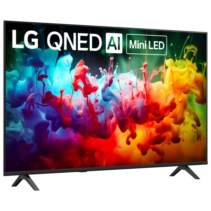 50-Inch LG QNED AI Mini LED TV 50QNED75BAA displaying vibrant colorful ink swirls in blue red orange and yellow - Side Angle