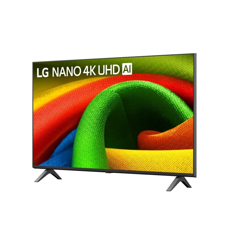 43-Inch LG NANO 4K UHD AI TV 43NU700BPUC displaying vibrant colorful fabric texture with green, red, yellow and blue tones - Side Angle