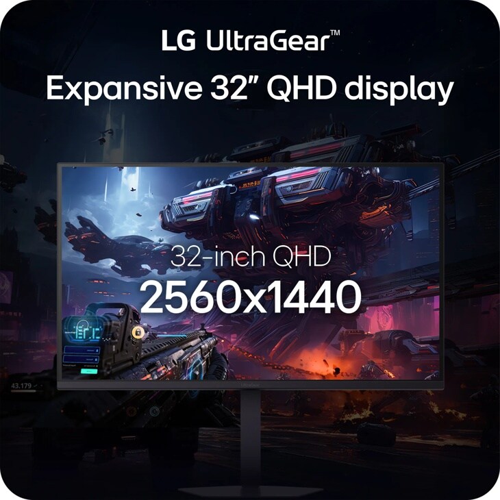 LG 32G620B-B UltraGear 32-Inch QHD gaming monitor with 2560x1440 resolution displaying sci-fi game content