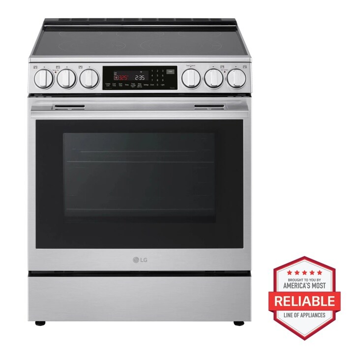 LG LRYXC2606S stainless steel electric range with oven and America's Most Reliable badge Front View