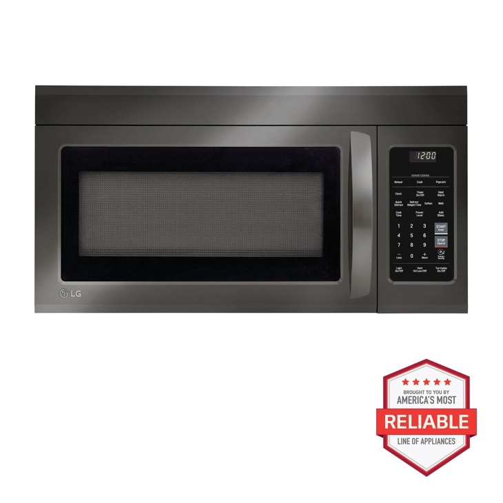 Front view of the 1.8 cu. ft. Over-the-Range Microwave Oven with EasyClean® - LMV1831BD. Includes a graphic logo that says, Brought to you by America’s Most Reliable Line of Appliances.