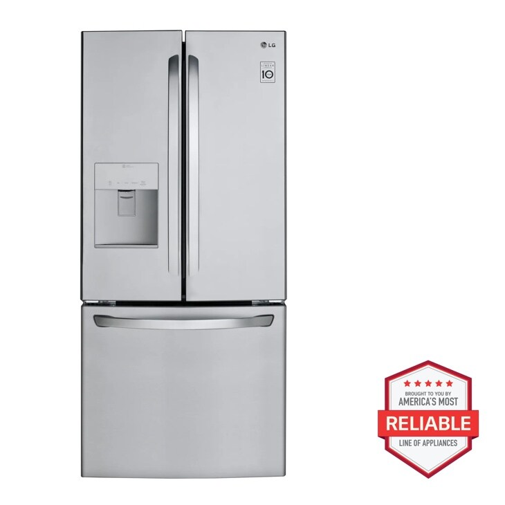Front view of the 22 cu. ft. French Door Refrigerator - LFDS22520S. Includes a graphic logo that says, Brought to you by America’s Most Reliable Line of Appliances.