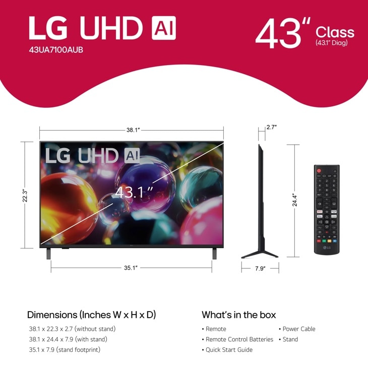 43 Inch Class LG UHD AI UA7100 4K Smart TV 2025 - 43UA7100AUB.AUS