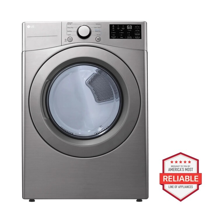 LG DLE3400V Front Load Dryer with control panel and America's Most Reliable badge Front View