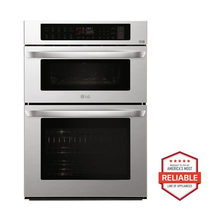 Front view of the 1.7/4.7 cu. ft. Smart wi-fi Enabled Combination Double Wall Oven - LWC3063ST. Includes a graphic logo that says, Brought to you by America’s Most Reliable Line of Appliances.