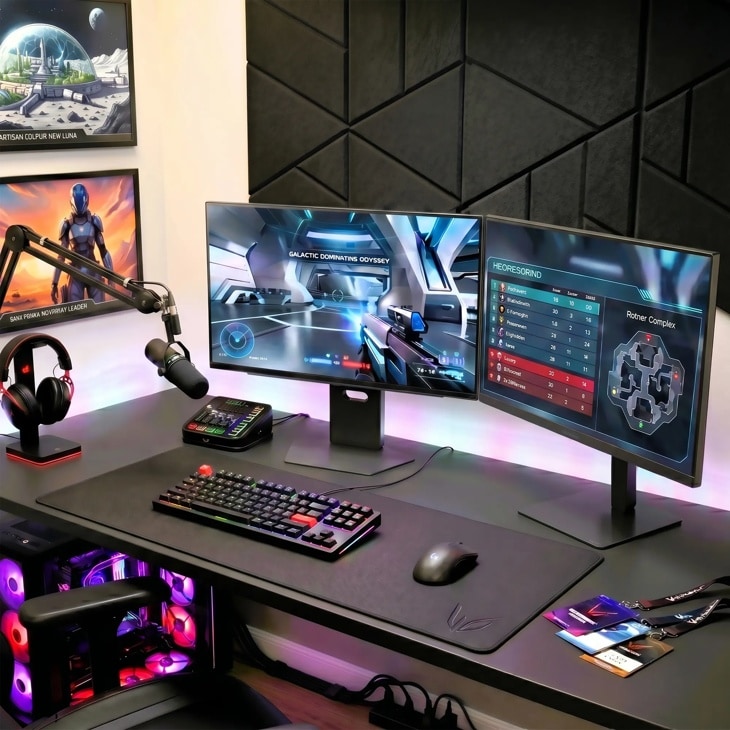 LG 27GX700A-B and 27G640A-B Gaming Monitors in dual monitor gaming setup with RGB lighting and accessories