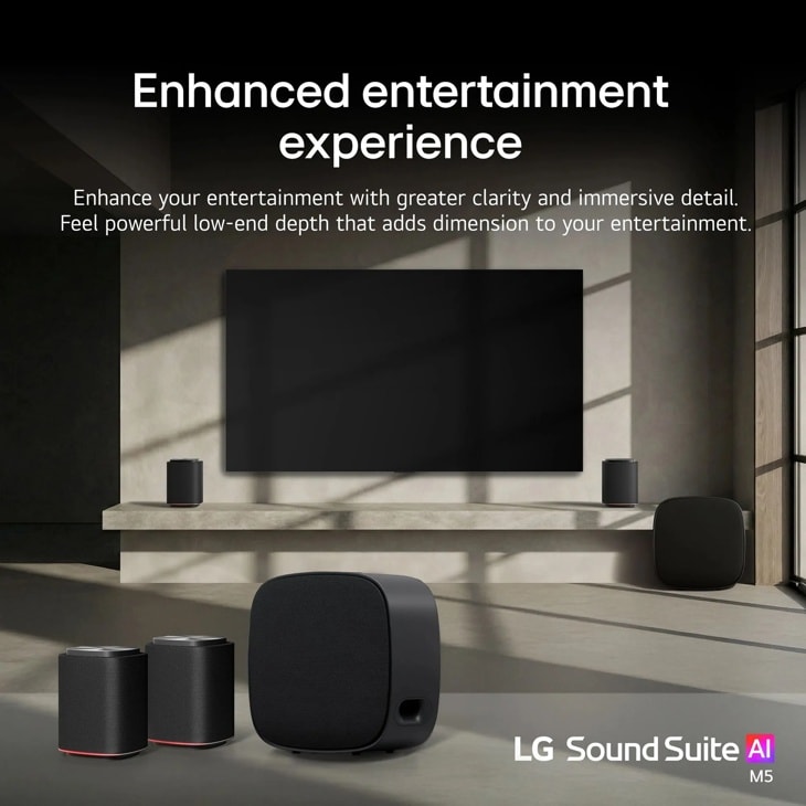 LG M5-P2_W7 Sound Suite AI Soundbar system with wireless rear speakers and subwoofer in modern living room