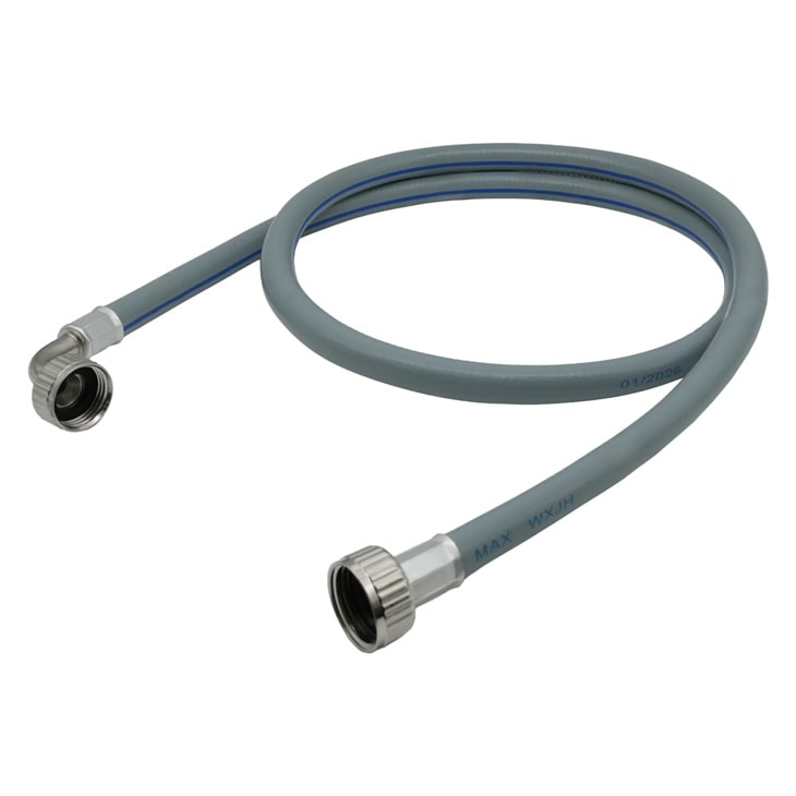 Gray washing machine inlet hose AGF04127475 with metal connectors on both ends and blue internal lining