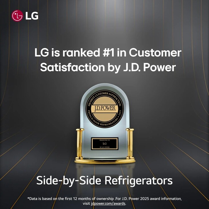 On a black background, JD Power trophy for LG Side by Side Refrigerator.