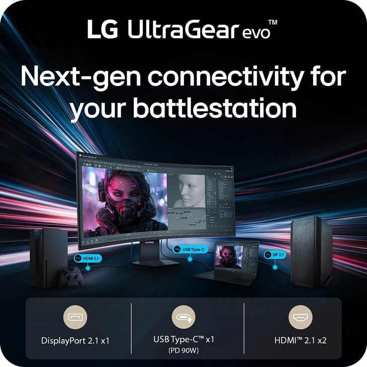 LG 52G930B-B UltraGear evo Monitor infographic showing next-gen connectivity with HDMI 2.1, USB Type-C, and DisplayPort 2.1 ports for gaming setup