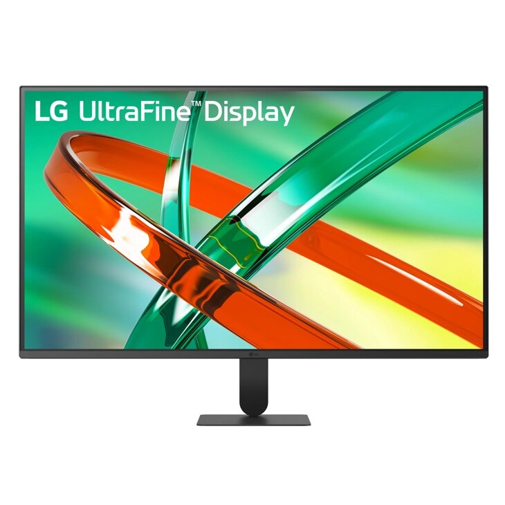 LG 32U701B-B UltraFine Monitor displaying vibrant abstract graphics with thin bezels and adjustable stand