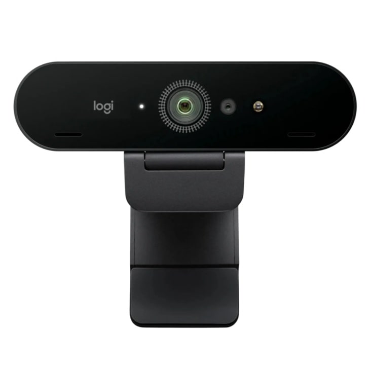 Logitech 960001105 webcam with oval-shaped camera housing, adjustable mounting clip, and central lens surrounded by circular pattern - Front View