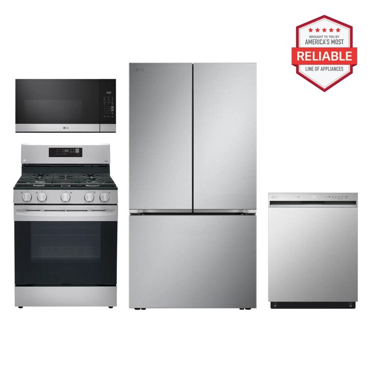 27 cu. ft. Smart Counter-Depth MAX™ French Door Pocket Handle Refrigerator with Freestanding Gas Range, Front Control Dishwasher Kitchen Package and Microwave in Stainless Steel LRFLC2716S_LRGL5821S_MVEM1621Y_LDFN3432T