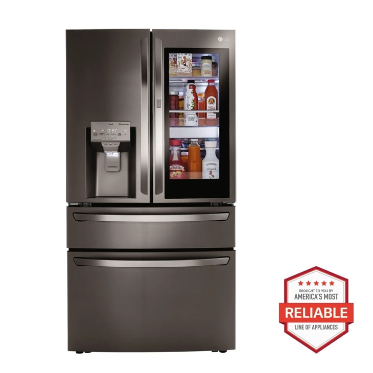 LG LRMVC2306D LSGL6335Z MVEM1825Z LDNTM545D Refrigerator with door open showing interior and America's Most Reliable badge Front View
