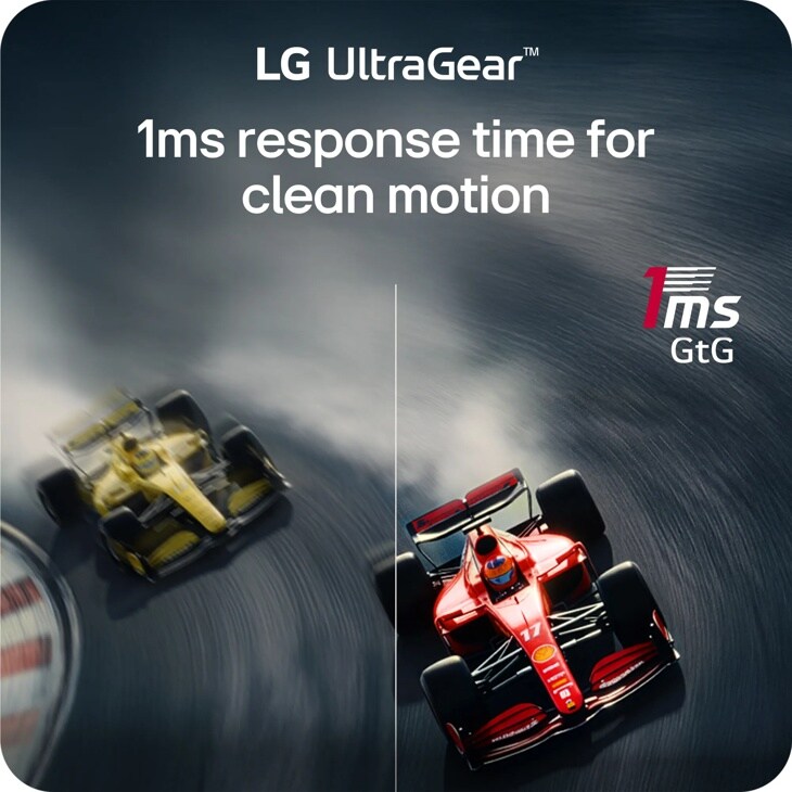 LG UltraGear 32G620B-B Monitor infographic showing 1ms response time for clean motion with racing cars demonstrating smooth gameplay