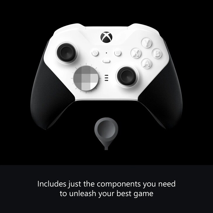 Xbox Elite Wireless Controller 4IK00001 with customizable components and black grip handles - Front View with text Includes just the components you need to unleash your best game