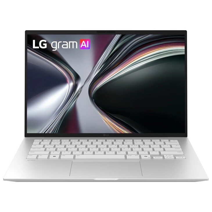 LG Gram 14Z95U-G.AU86U1 AI Laptop with white keyboard and abstract metallic design on screen - Front View