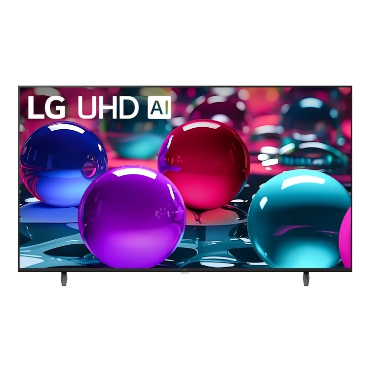 70-Inch LG UHD AI 4K TV 70UA7500ZUD displaying vibrant colorful spheres in blue, purple, red, and teal on reflective surface - Front View
