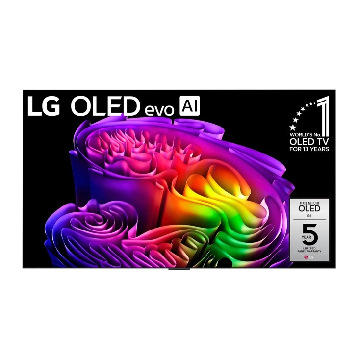 55-inch LG OLED55G6WUA 4K OLED TV with LG OLED evo AI technology, premium OLED G6, and 5 year limited panel warranty, Front View