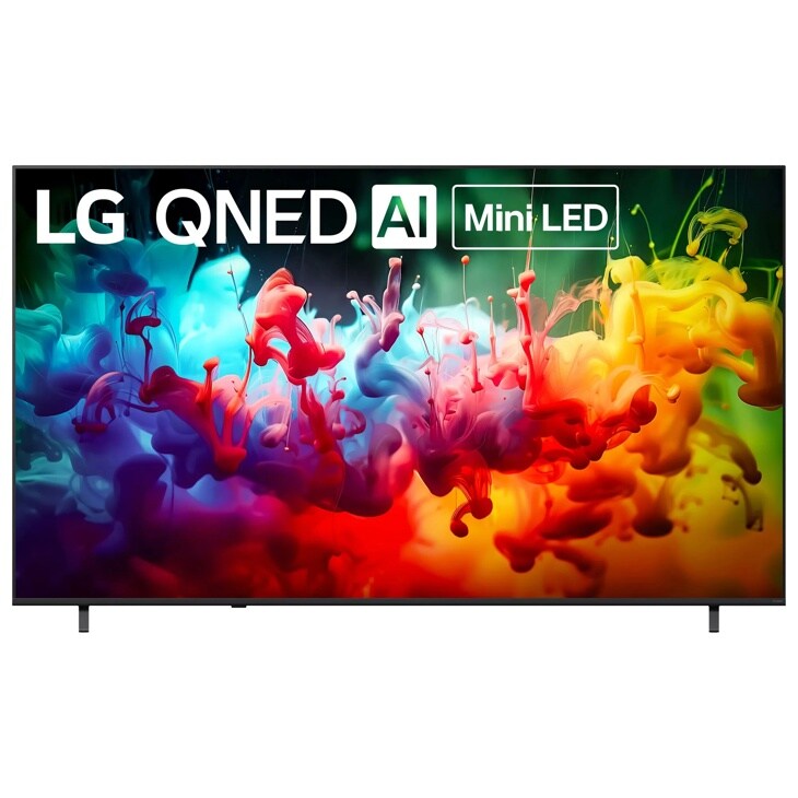 85-Inch LG QNED AI Mini LED 4K TV 85QNED75BUA displaying vibrant colorful ink swirls in blue red purple and yellow - Front View