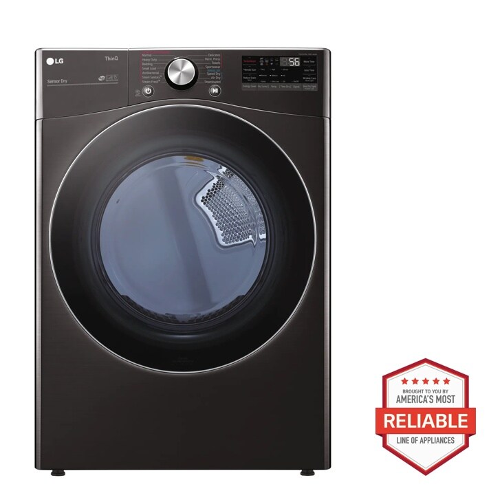 Front view of the 7.4 cu. ft. Ultra Large Capacity Smart wi-fi Enabled Front Load Electric Dryer with TurboSteam™ and Built-In Intelligence - DLEX4200B. Includes a graphic logo that says, Brought to you by America’s Most Reliable Line of Appliances.
