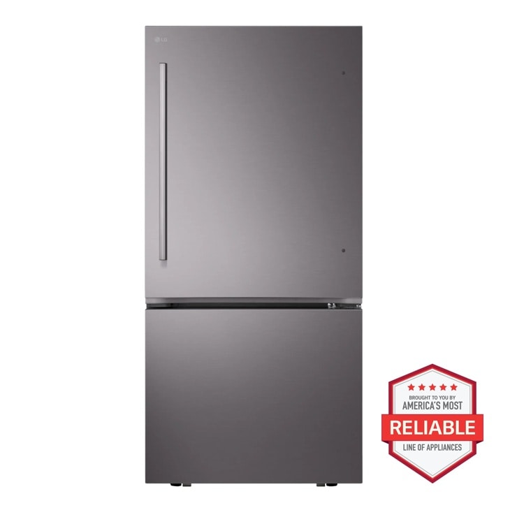 LG LB26H2200D Bottom Freezer Refrigerator in stainless steel finish with America's Most Reliable badge - Front View