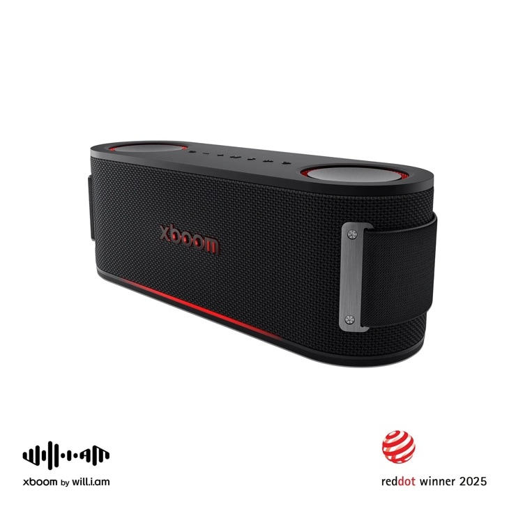 LG Xboom BOUNCE_AUSALBK portable speaker with red accents and controls, reddot winner 2025 Front View