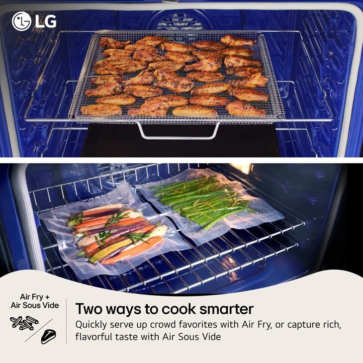 LG LDGL6924Y Range showing Air Fry chicken wings and Air Sous Vide vegetables with text Two ways to cook smarter