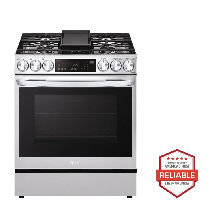 Front view of the 6.3 cu ft. Smart wi-fi Enabled ProBake Convection® InstaView® Gas Slide-In Range with Air Fry - LSGL6335F. Includes a graphic logo that says, Brought to you by America’s Most Reliable Line of Appliances.