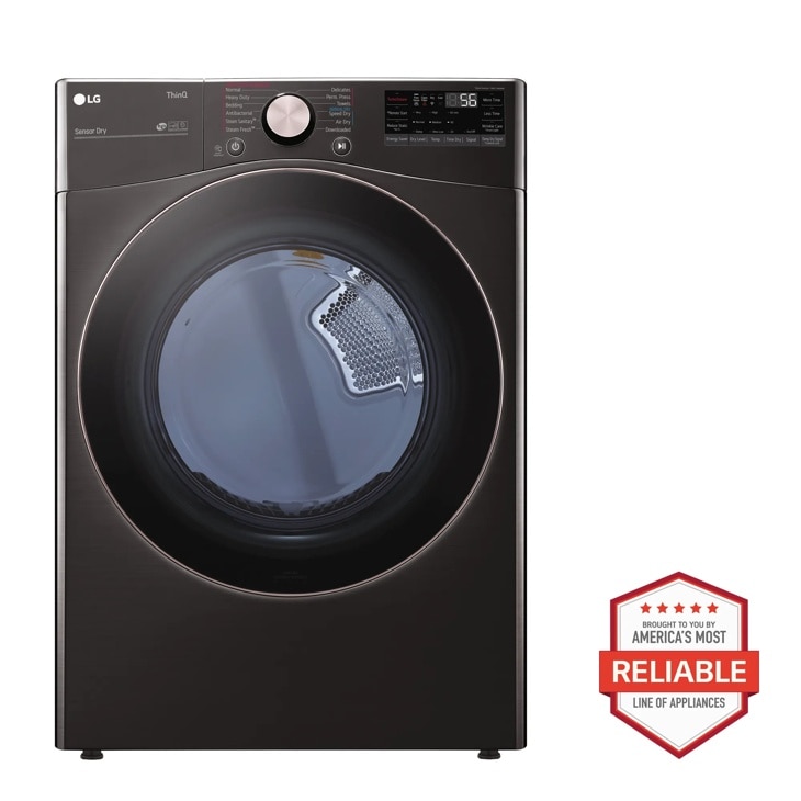 Front view of the 7.4 cu. ft. Ultra Large Capacity Smart wi-fi Enabled Front Load Gas Dryer with TurboSteam™ and Built-In Intelligence - DLGX4001B. Includes a graphic logo that says, Brought to you by America’s Most Reliable Line of Appliances.
