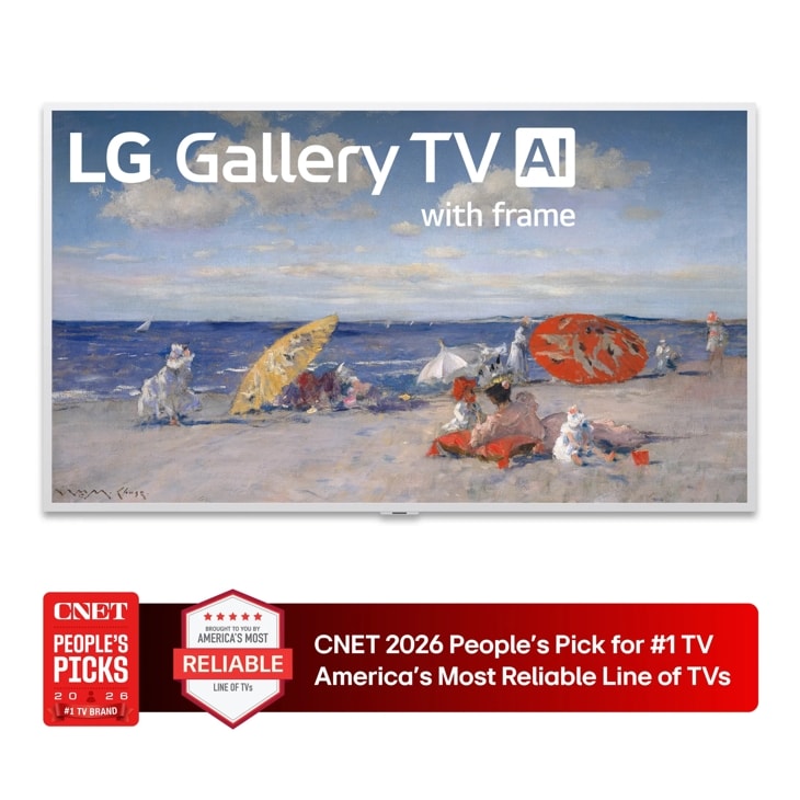 55-Inch LG Gallery TV AI 4K QNED TV 55LX7BPUA with frame displaying beach scene artwork CNET 2026 People's Pick for #1 TV America's Most Reliable Line of TVs