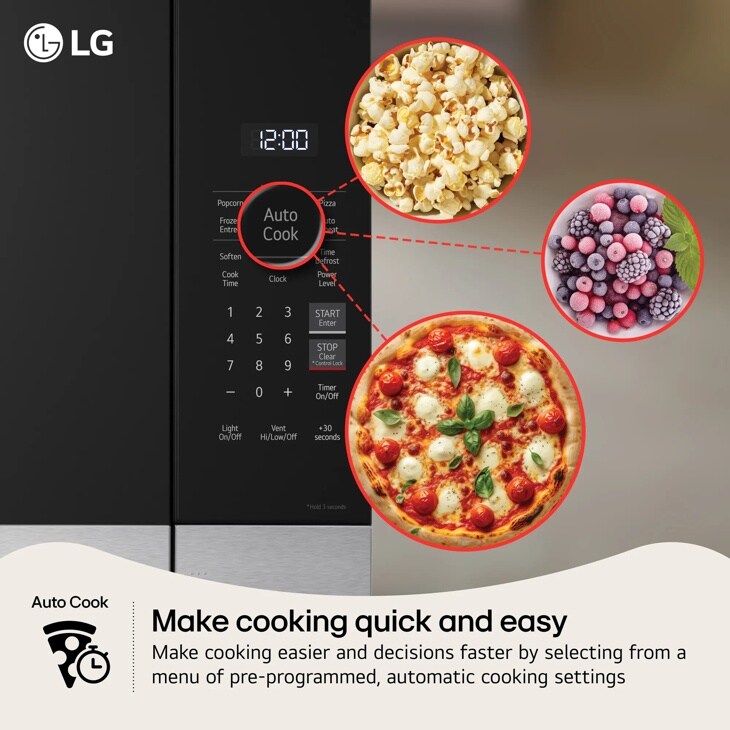 LG MVEL2035Z Over-the-Range Microwave Auto Cook feature infographic showing control panel with popcorn, pizza and frozen berries cooking options