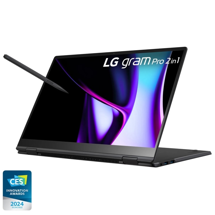 Left side view of the 16 Inch LG gram Pro 2 in 1 (16T90SP-K.ADB9U1) OLED laptop with 32GB RAM, Intel Core Ultra 7 and a Stylus Pen