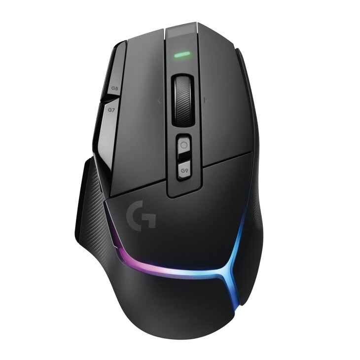 Logitech G 910006160 gaming mouse with programmable buttons G7-G9, scroll wheel, and RGB lighting along base - Top View