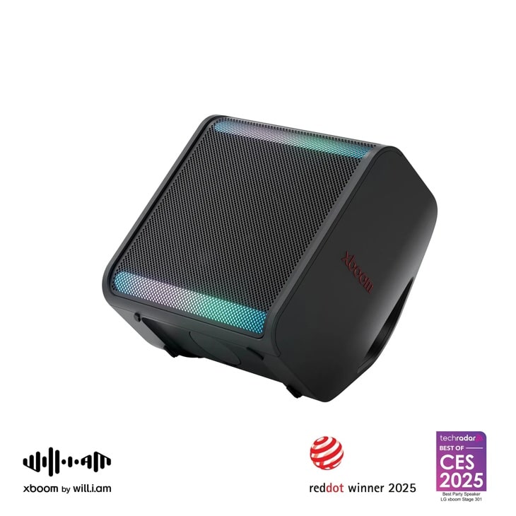 LG xboom Stage 301 party speaker with colorful lights and awards badges Front View