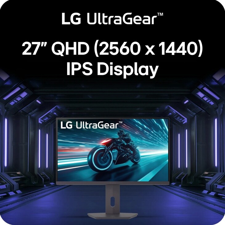 LG 27G61ZB-B 27-Inch UltraGear QHD IPS Gaming Monitor displaying motorcycle racing game with 2560 x 1440 resolution in futuristic tunnel setting