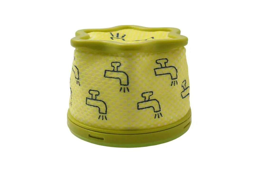 ADQ74774002 vacuum filter with bright yellow mesh fabric featuring water faucet pattern design and green plastic rim