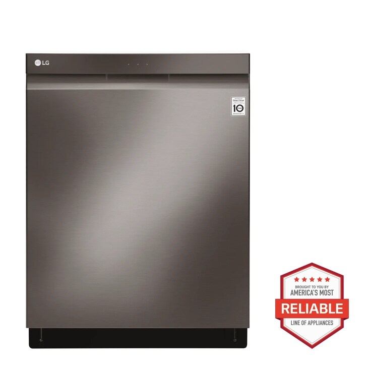 Front view of the Top Control Smart wi-fi Enabled Dishwasher with QuadWash™ - LDP6797BD. Includes a graphic logo that says, Brought to you by America’s Most Reliable Line of Appliances.
