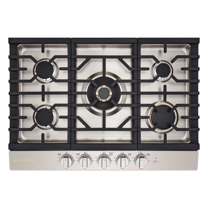 CBGU3039X Gas Cooktop with five burners featuring stainless steel surface, black grates, and control knobs along bottom edge - Top-Down View