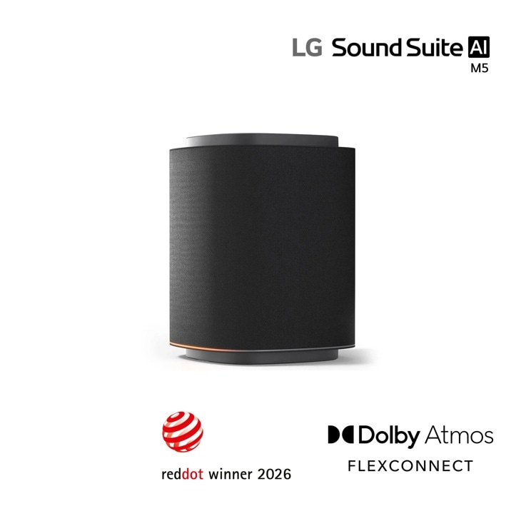 LG Sound Suite AI M5 Speaker with black fabric finish featuring red dot winner 2026 and Dolby Atmos FLEXCONNECT badges
